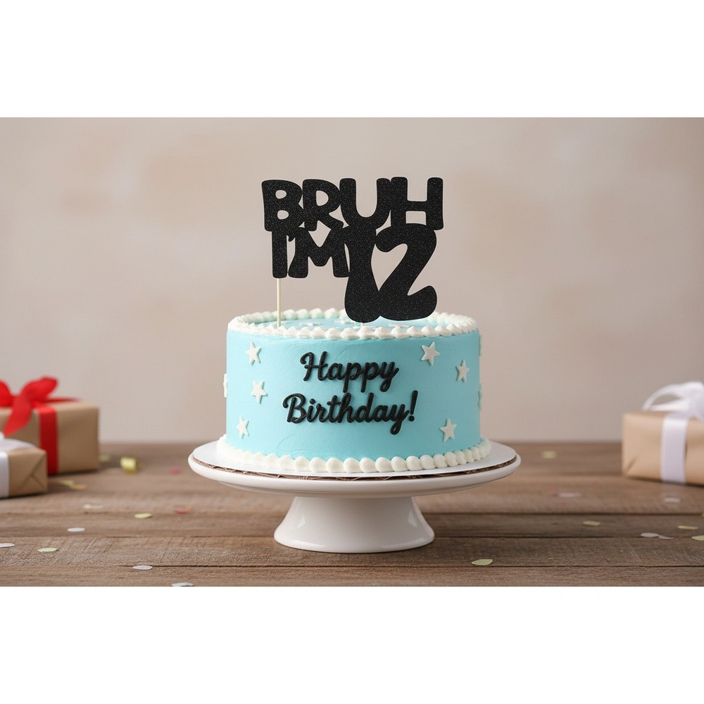 Bruh Im 12 Cake Topper Black Glitter 12th Birthday Party Decoration Supplies